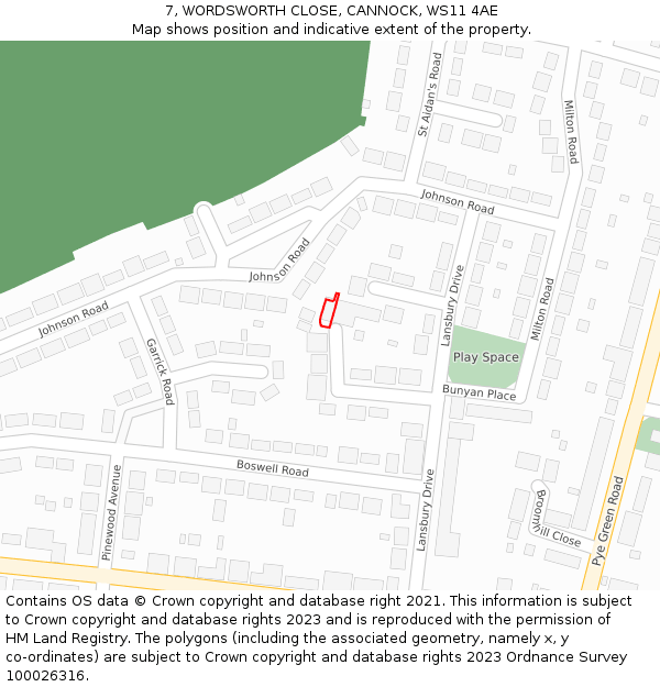 7, WORDSWORTH CLOSE, CANNOCK, WS11 4AE: Location map and indicative extent of plot