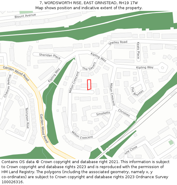 7, WORDSWORTH RISE, EAST GRINSTEAD, RH19 1TW: Location map and indicative extent of plot