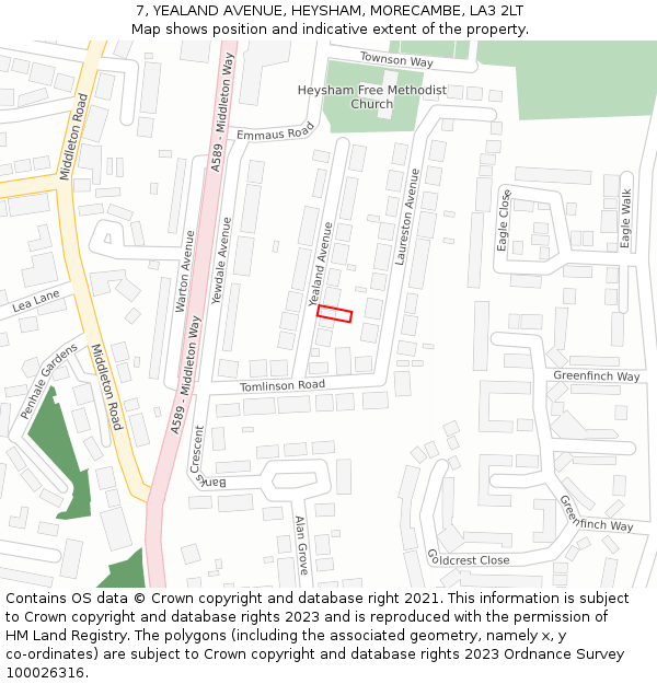 7, YEALAND AVENUE, HEYSHAM, MORECAMBE, LA3 2LT: Location map and indicative extent of plot