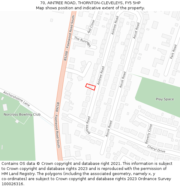 70, AINTREE ROAD, THORNTON-CLEVELEYS, FY5 5HP: Location map and indicative extent of plot