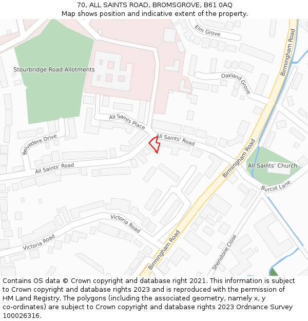 70, ALL SAINTS ROAD, BROMSGROVE, B61 0AQ: Location map and indicative extent of plot