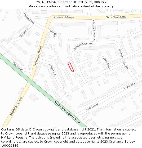 70, ALLENDALE CRESCENT, STUDLEY, B80 7PY: Location map and indicative extent of plot