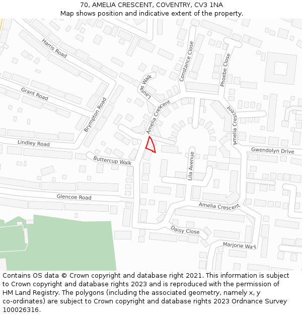 70, AMELIA CRESCENT, COVENTRY, CV3 1NA: Location map and indicative extent of plot