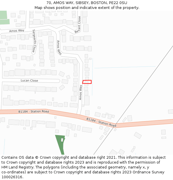 70, AMOS WAY, SIBSEY, BOSTON, PE22 0SU: Location map and indicative extent of plot