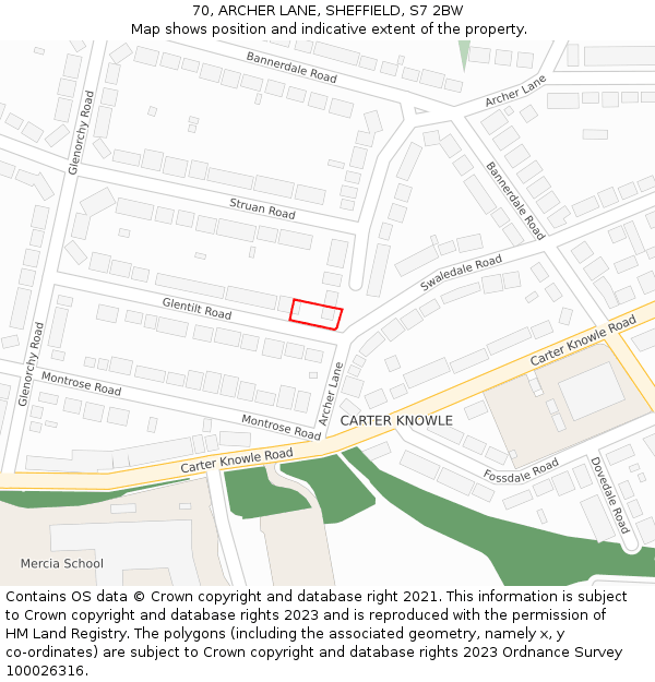 70, ARCHER LANE, SHEFFIELD, S7 2BW: Location map and indicative extent of plot