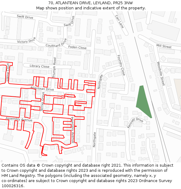 70, ATLANTEAN DRIVE, LEYLAND, PR25 3NW: Location map and indicative extent of plot