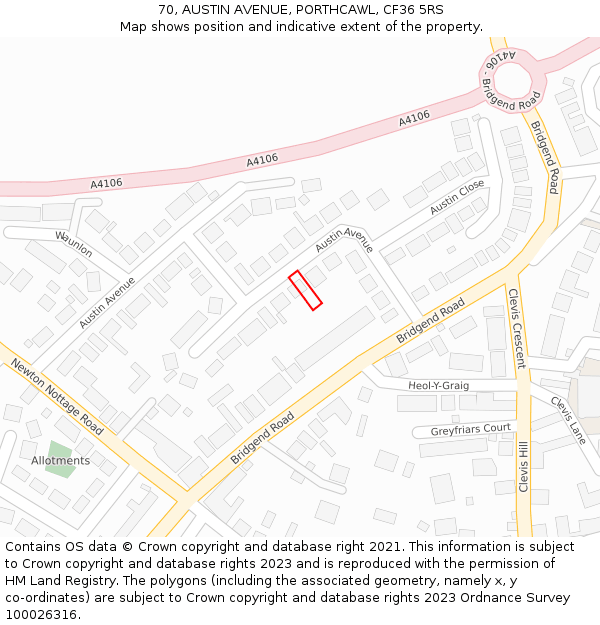 70, AUSTIN AVENUE, PORTHCAWL, CF36 5RS: Location map and indicative extent of plot