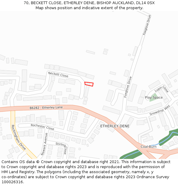 70, BECKETT CLOSE, ETHERLEY DENE, BISHOP AUCKLAND, DL14 0SX: Location map and indicative extent of plot