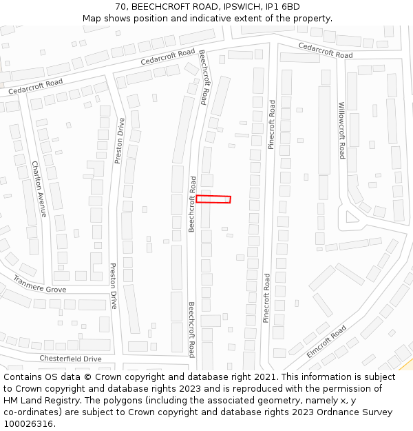 70, BEECHCROFT ROAD, IPSWICH, IP1 6BD: Location map and indicative extent of plot