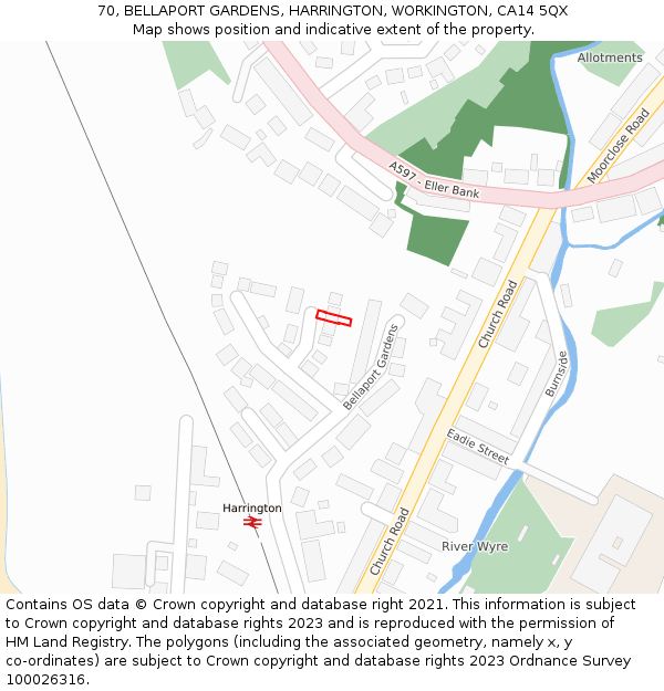 70, BELLAPORT GARDENS, HARRINGTON, WORKINGTON, CA14 5QX: Location map and indicative extent of plot