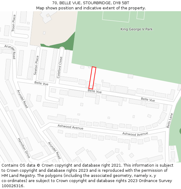 70, BELLE VUE, STOURBRIDGE, DY8 5BT: Location map and indicative extent of plot