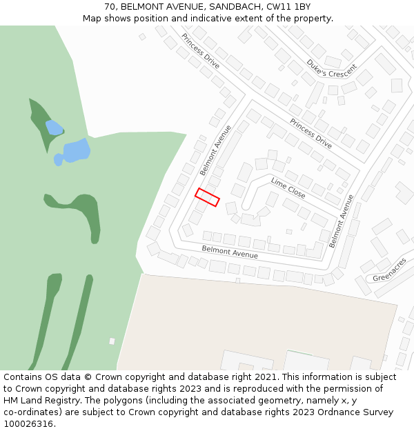 70, BELMONT AVENUE, SANDBACH, CW11 1BY: Location map and indicative extent of plot