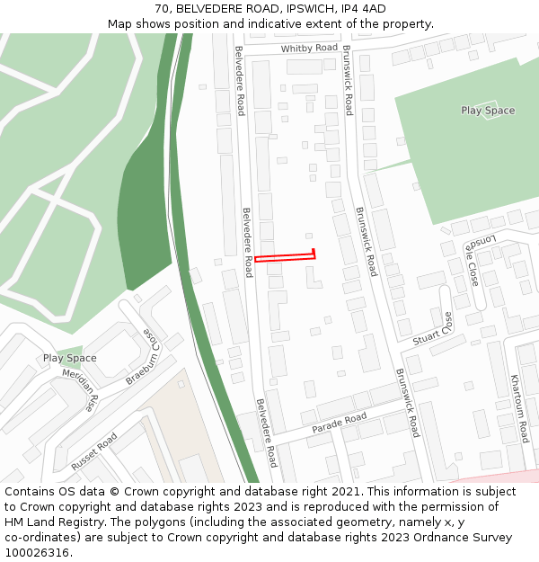 70, BELVEDERE ROAD, IPSWICH, IP4 4AD: Location map and indicative extent of plot