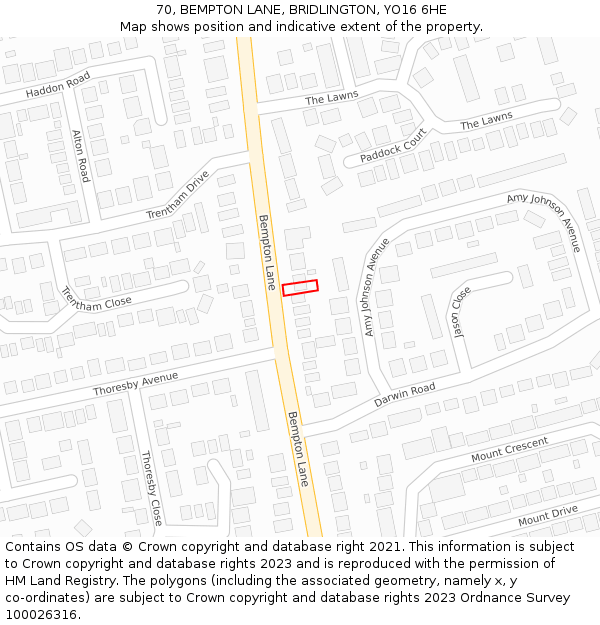 70, BEMPTON LANE, BRIDLINGTON, YO16 6HE: Location map and indicative extent of plot