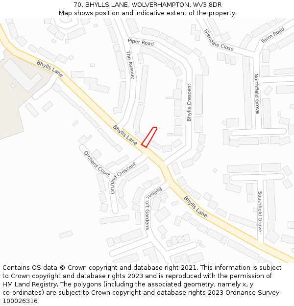 70, BHYLLS LANE, WOLVERHAMPTON, WV3 8DR: Location map and indicative extent of plot