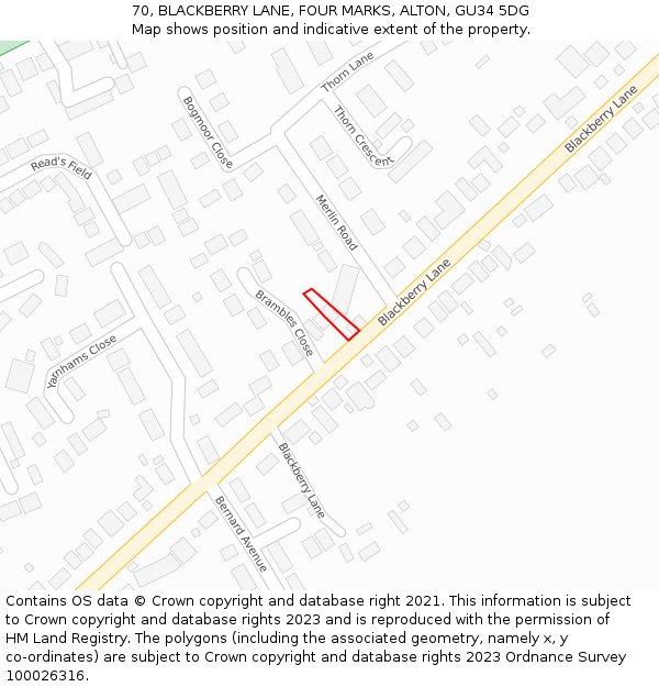 70, BLACKBERRY LANE, FOUR MARKS, ALTON, GU34 5DG: Location map and indicative extent of plot