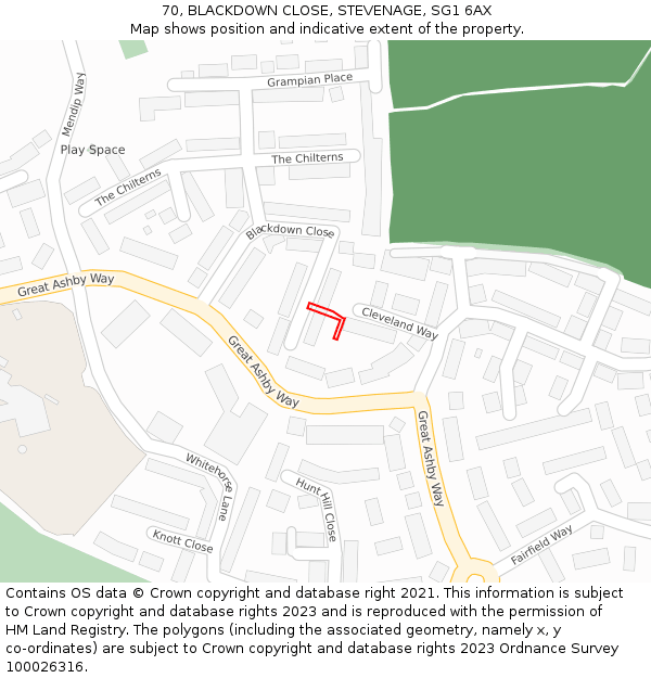 70, BLACKDOWN CLOSE, STEVENAGE, SG1 6AX: Location map and indicative extent of plot