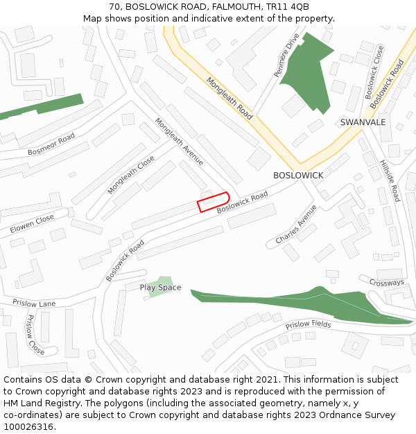 70, BOSLOWICK ROAD, FALMOUTH, TR11 4QB: Location map and indicative extent of plot