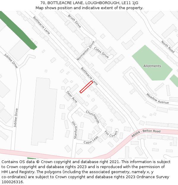 70, BOTTLEACRE LANE, LOUGHBOROUGH, LE11 1JG: Location map and indicative extent of plot