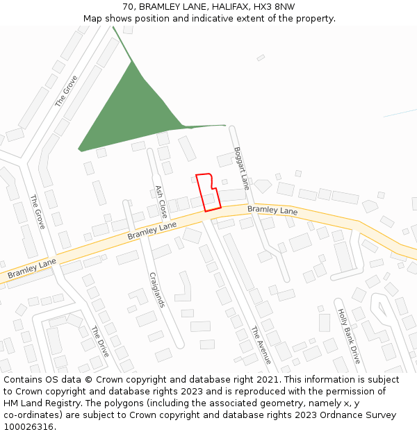 70, BRAMLEY LANE, HALIFAX, HX3 8NW: Location map and indicative extent of plot