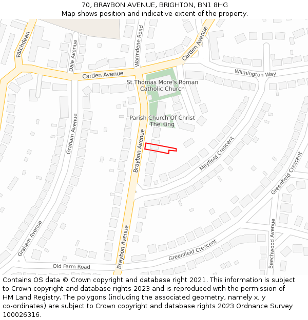 70, BRAYBON AVENUE, BRIGHTON, BN1 8HG: Location map and indicative extent of plot