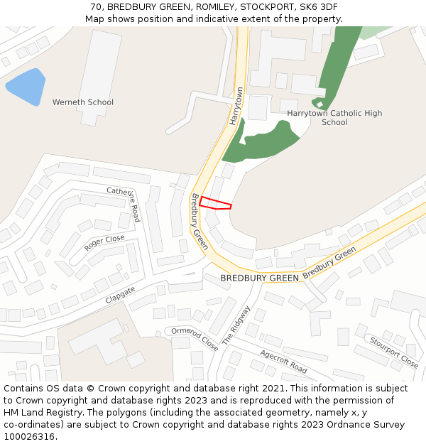 70, BREDBURY GREEN, ROMILEY, STOCKPORT, SK6 3DF: Location map and indicative extent of plot