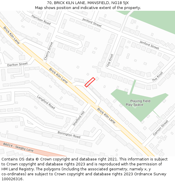 70, BRICK KILN LANE, MANSFIELD, NG18 5JX: Location map and indicative extent of plot