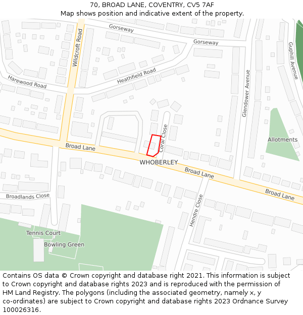 70, BROAD LANE, COVENTRY, CV5 7AF: Location map and indicative extent of plot