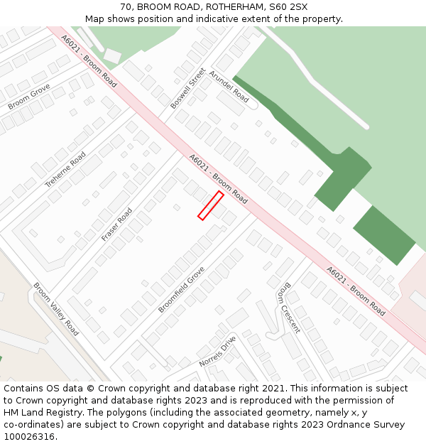 70, BROOM ROAD, ROTHERHAM, S60 2SX: Location map and indicative extent of plot