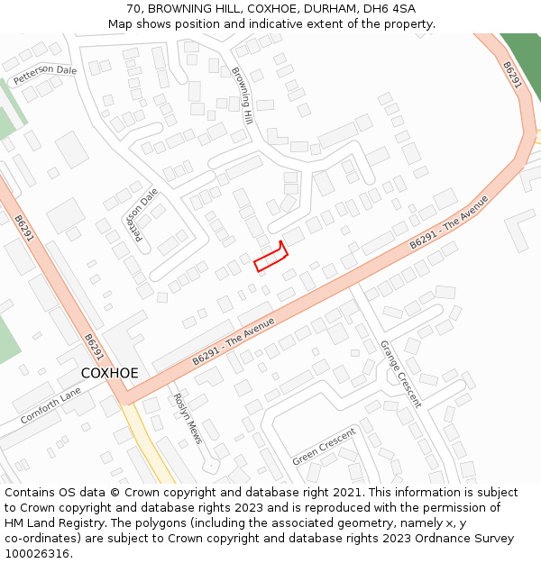 70, BROWNING HILL, COXHOE, DURHAM, DH6 4SA: Location map and indicative extent of plot