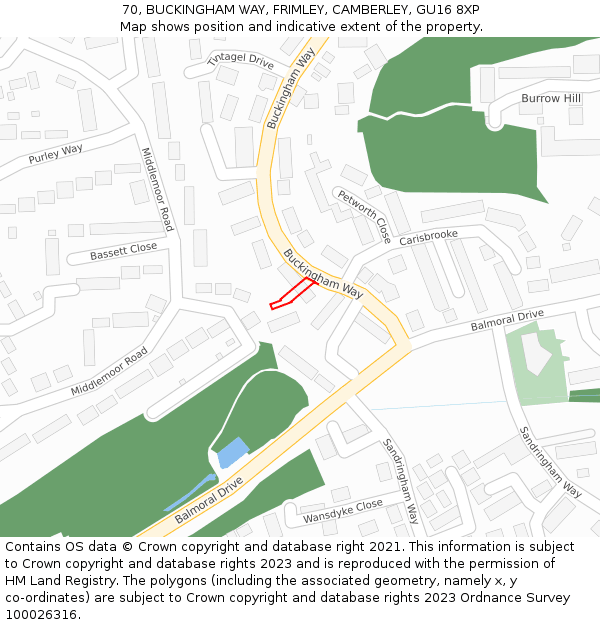 70, BUCKINGHAM WAY, FRIMLEY, CAMBERLEY, GU16 8XP: Location map and indicative extent of plot