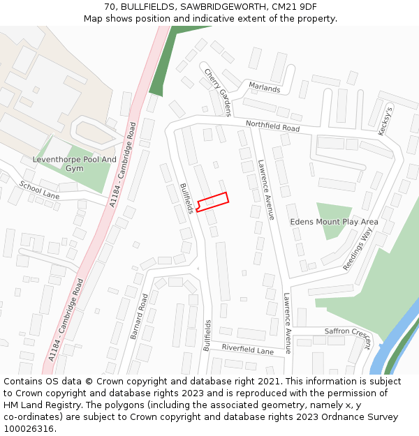 70, BULLFIELDS, SAWBRIDGEWORTH, CM21 9DF: Location map and indicative extent of plot