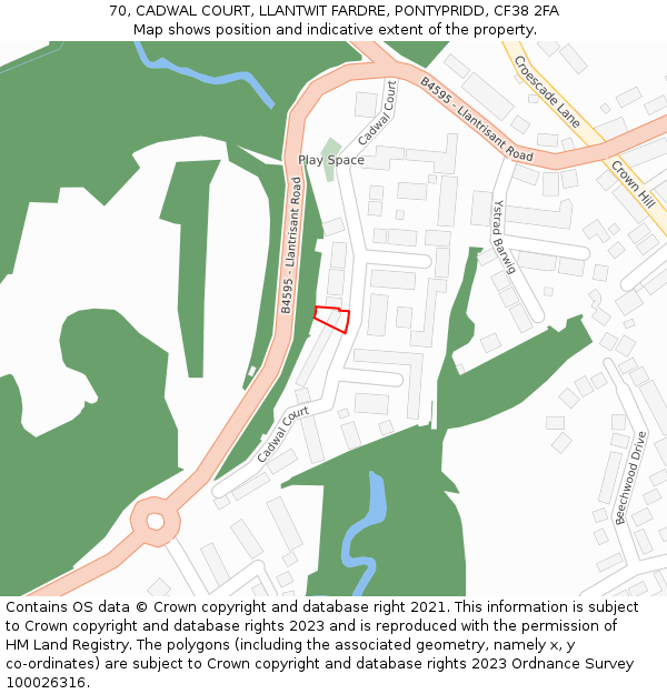 70, CADWAL COURT, LLANTWIT FARDRE, PONTYPRIDD, CF38 2FA: Location map and indicative extent of plot