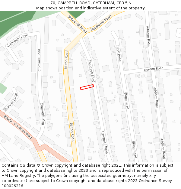 70, CAMPBELL ROAD, CATERHAM, CR3 5JN: Location map and indicative extent of plot