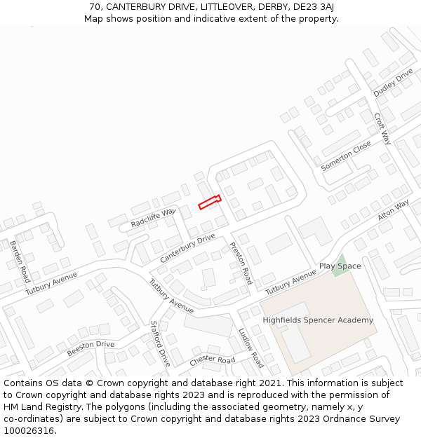 70, CANTERBURY DRIVE, LITTLEOVER, DERBY, DE23 3AJ: Location map and indicative extent of plot