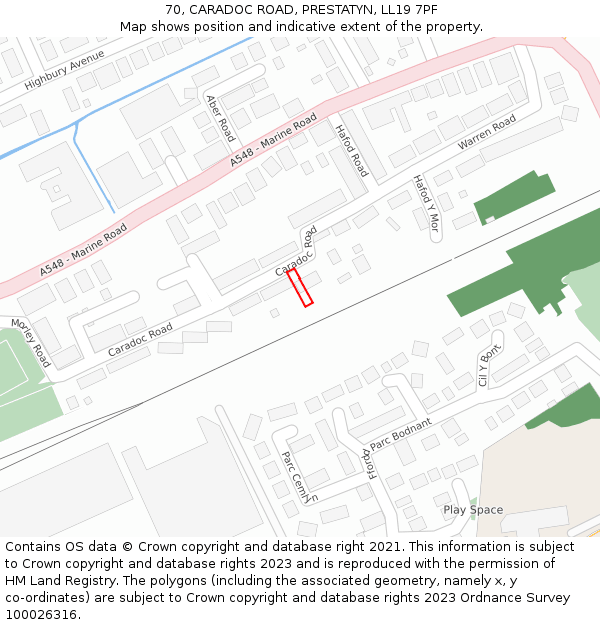 70, CARADOC ROAD, PRESTATYN, LL19 7PF: Location map and indicative extent of plot