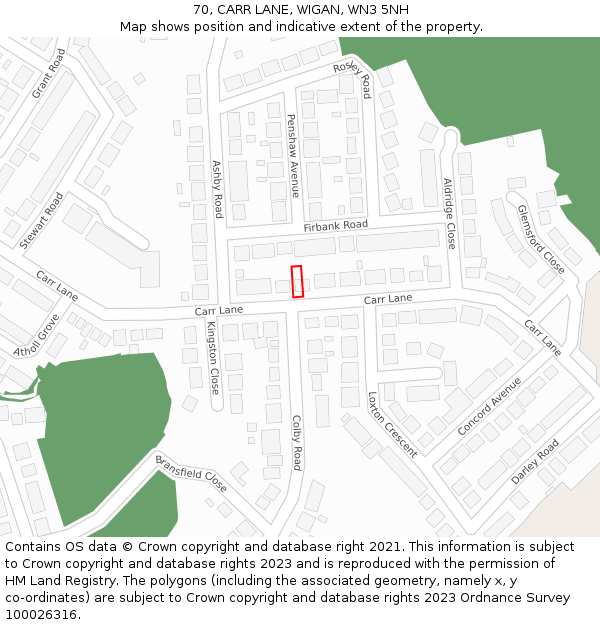 70, CARR LANE, WIGAN, WN3 5NH: Location map and indicative extent of plot