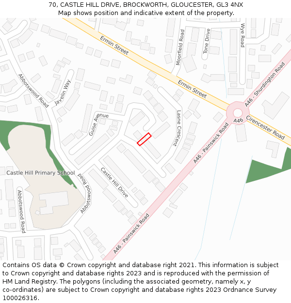 70, CASTLE HILL DRIVE, BROCKWORTH, GLOUCESTER, GL3 4NX: Location map and indicative extent of plot