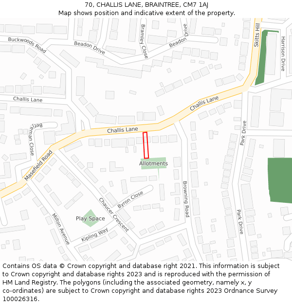 70, CHALLIS LANE, BRAINTREE, CM7 1AJ: Location map and indicative extent of plot