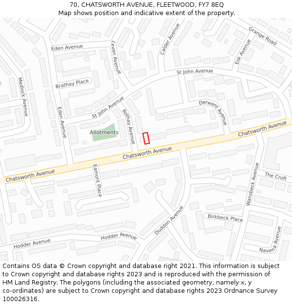 70, CHATSWORTH AVENUE, FLEETWOOD, FY7 8EQ: Location map and indicative extent of plot