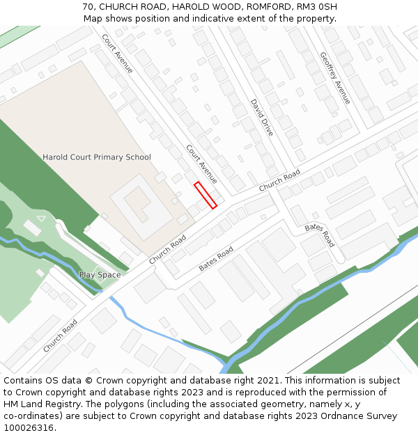 70, CHURCH ROAD, HAROLD WOOD, ROMFORD, RM3 0SH: Location map and indicative extent of plot