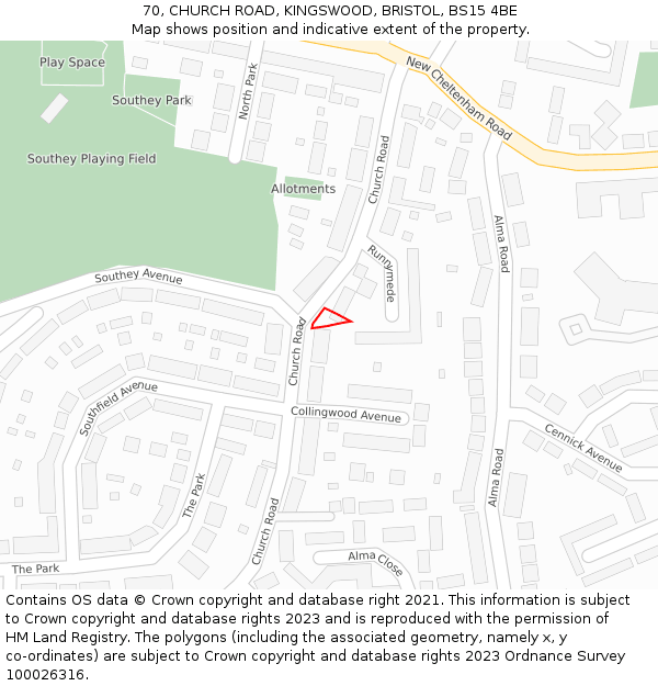 70, CHURCH ROAD, KINGSWOOD, BRISTOL, BS15 4BE: Location map and indicative extent of plot