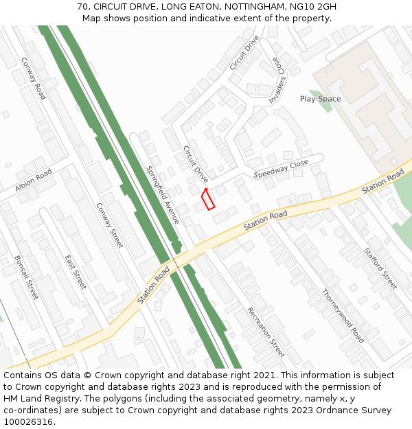 70, CIRCUIT DRIVE, LONG EATON, NOTTINGHAM, NG10 2GH: Location map and indicative extent of plot