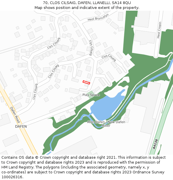 70, CLOS CILSAIG, DAFEN, LLANELLI, SA14 8QU: Location map and indicative extent of plot