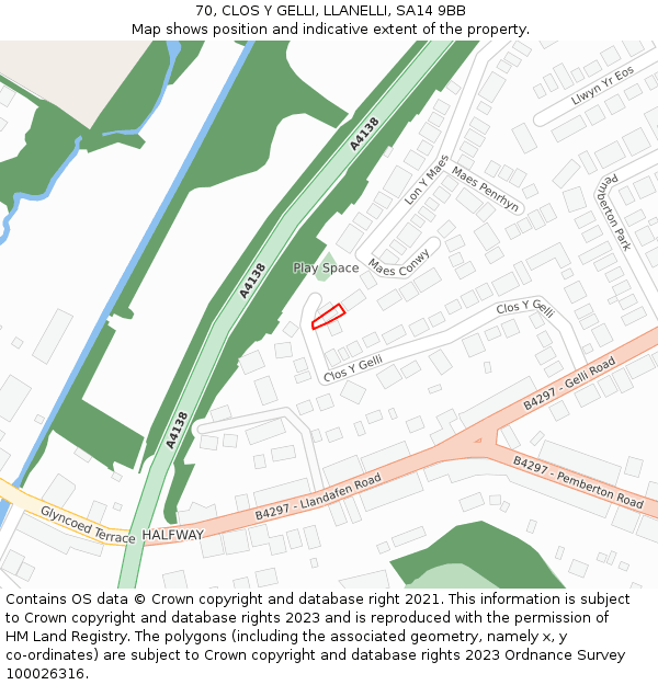 70, CLOS Y GELLI, LLANELLI, SA14 9BB: Location map and indicative extent of plot