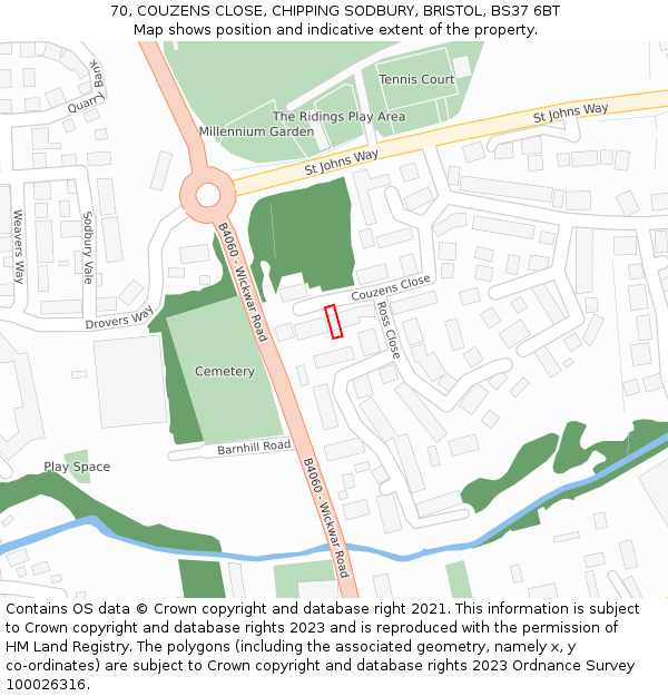 70, COUZENS CLOSE, CHIPPING SODBURY, BRISTOL, BS37 6BT: Location map and indicative extent of plot