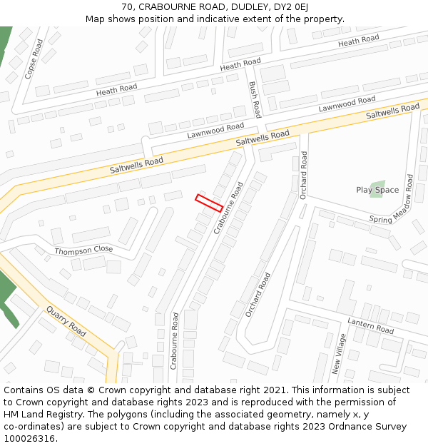 70, CRABOURNE ROAD, DUDLEY, DY2 0EJ: Location map and indicative extent of plot