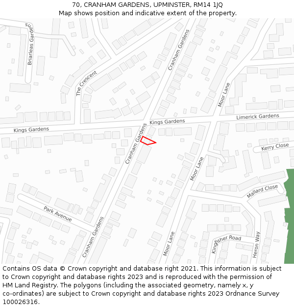 70, CRANHAM GARDENS, UPMINSTER, RM14 1JQ: Location map and indicative extent of plot