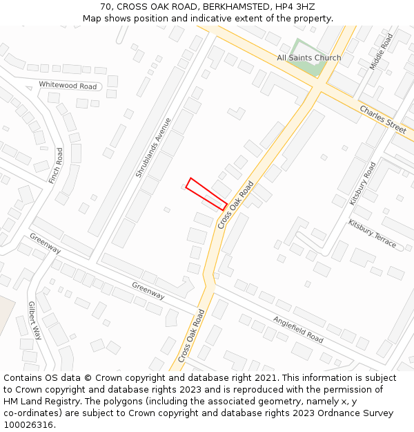 70, CROSS OAK ROAD, BERKHAMSTED, HP4 3HZ: Location map and indicative extent of plot