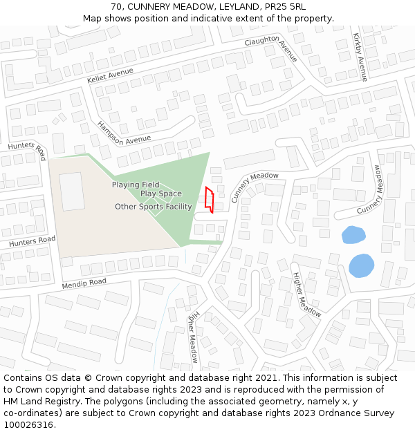 70, CUNNERY MEADOW, LEYLAND, PR25 5RL: Location map and indicative extent of plot